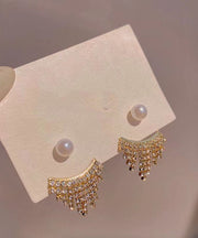 Classy Gold Sterling Silver Zircon Pearl TasselDrop Earrings