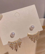 Classy Gold Sterling Silver Zircon Pearl TasselDrop Earrings