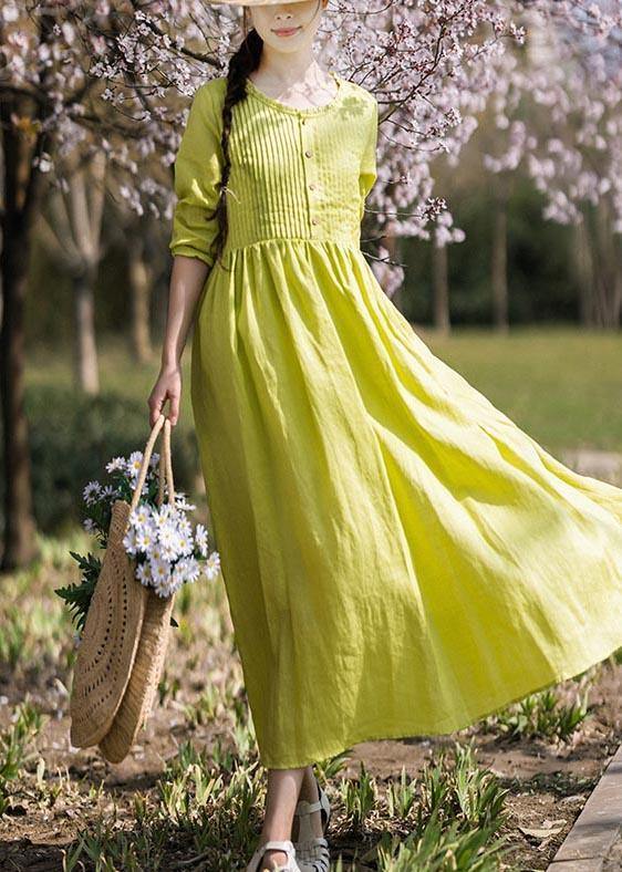 Classy Grass Green Cinched Button Summer Linen Dress - SooLinen