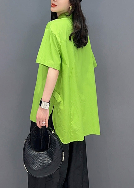 Classy Green Asymmetrical Print Button Shirts Short Sleeve