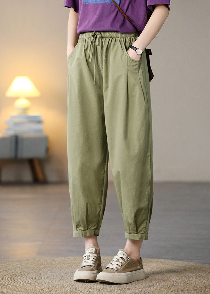 Classy Green Elastic Waist Pockets Cotton Harem Pants Spring