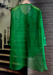 Classy Green Embroidered Patchwork Chinese Button Silk Mid Dress Summer