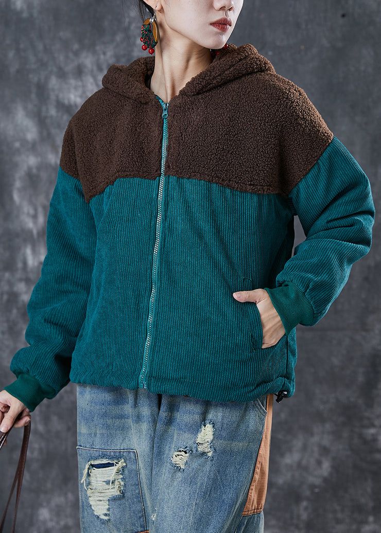 Classy Green Hooded Patchwork Warm Fleece Coats Winter