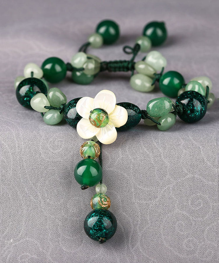 Classy Green Jade Green Agate Coloured Glaze Shell Flower Charm Bracelet
