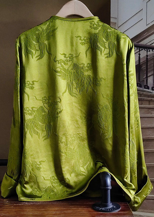 Classy Green O Neck Jacquard Silk Shirt Top Long Sleeve