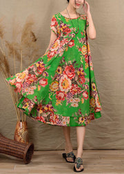 Classy Green O Neck Print Patchwork Cotton Ankle Dress Summer