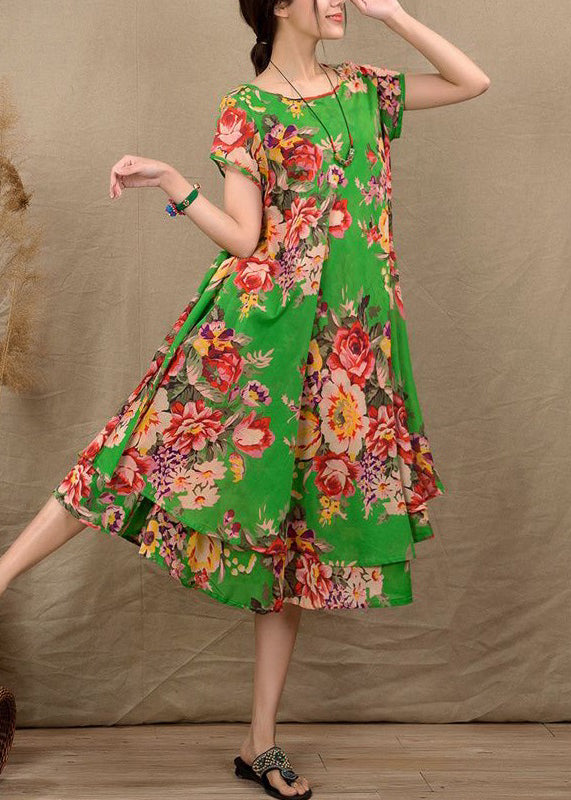 Classy Green O Neck Print Patchwork Cotton Ankle Dress Summer