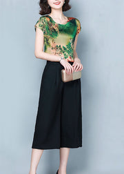 Classy Green O-Neck Print Tops And Pants Two Piece Suit Set Summer