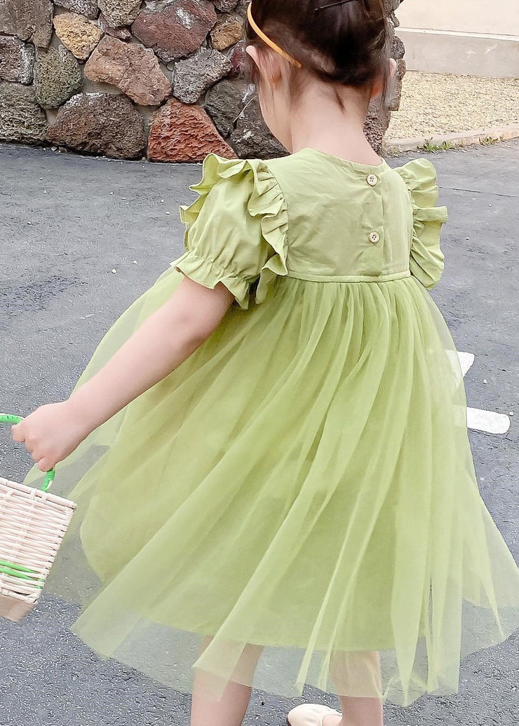 Classy Green O-Neck Ruffled Patchwork Tulle Girls Long Dresses Summer