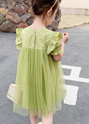 Classy Green O-Neck Ruffled Patchwork Tulle Girls Long Dresses Summer