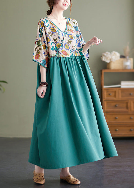 Classy Green Patchwork Wrinkled Cotton Holiday Long Dress Summer