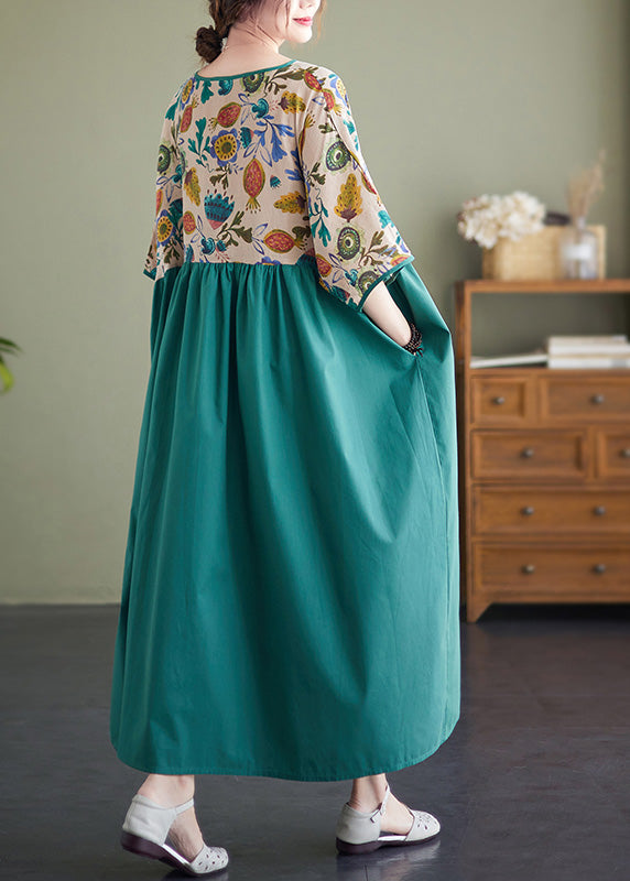 Classy Green Patchwork Wrinkled Cotton Holiday Long Dress Summer