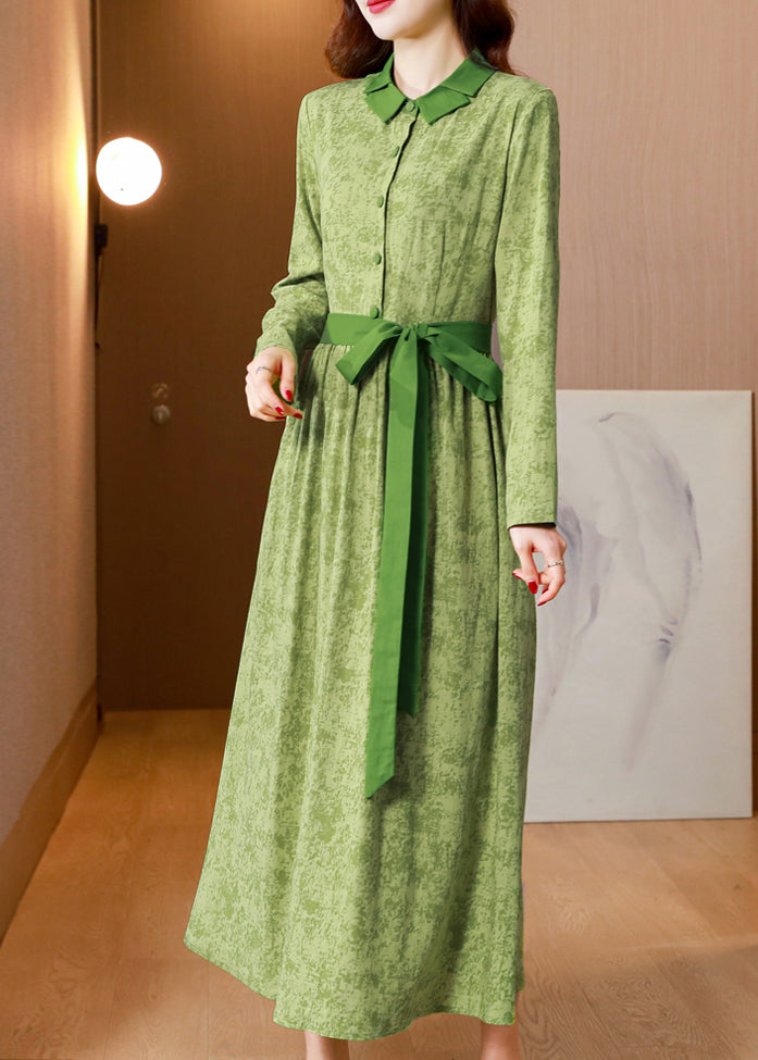 Classy Green Print Tie Waist Patchwork Cotton Long Dress Fall