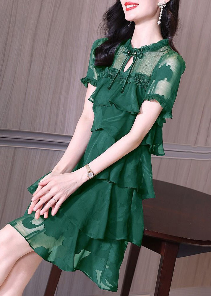 Classy Green Ruffled Button Patchwork Chiffon Mid Dress Summer
