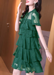 Classy Green Ruffled Button Patchwork Chiffon Mid Dress Summer