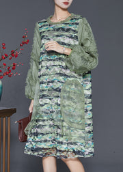 Classy Green Ruffled Patchwork Silk Dress Spring