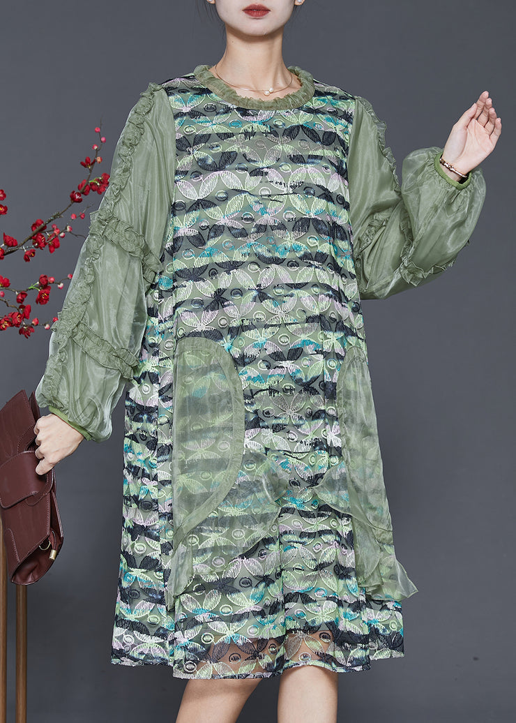 Classy Green Ruffled Patchwork Silk Dress Spring