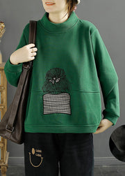 Classy Green Stand Collar Embroidered Warm Fleece Pullover Sweatshirt Winter