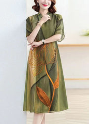 Classy Green Stand Collar Lotus Print Patchwork Silk Dress Summer