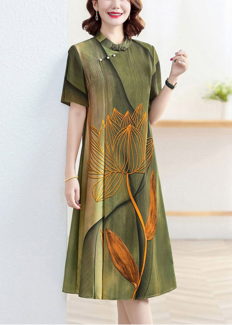Classy Green Stand Collar Lotus Print Patchwork Silk Dress Summer
