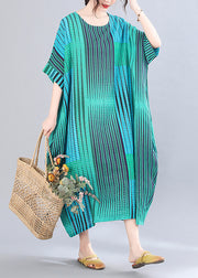 Classy Green Striped Print Holiday Long Dress Short Sleeve