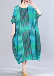 Classy Green Striped Print Holiday Long Dress Short Sleeve