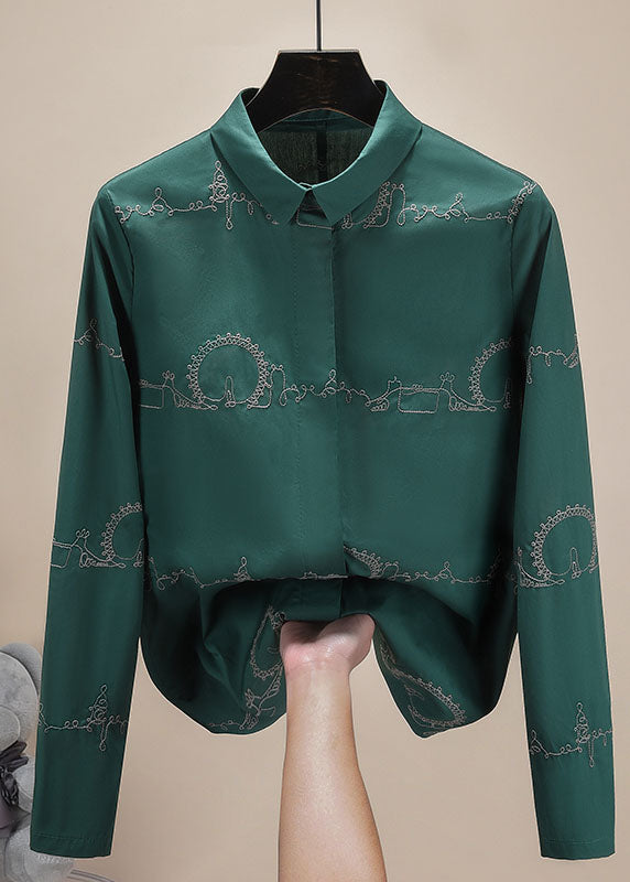 Classy Green Turn-down Collar Embroidered Solid Cotton Shirts Long Sleeve