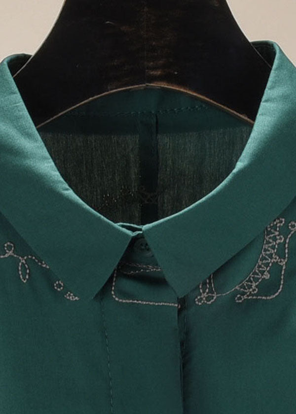Klassisches grünes Umlegekragen bestickte feste Baumwollhemden mit langen Ärmeln