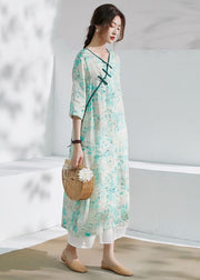 Classy Green V Neck Print Chinese Button Patchwork Linen Dress Summer