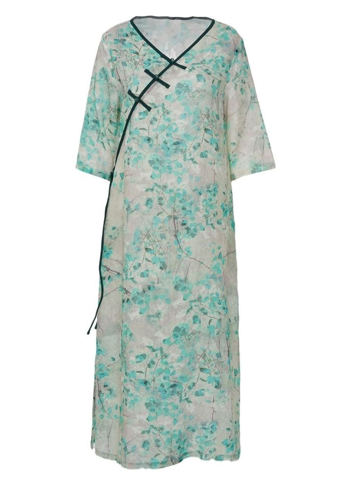 Classy Green V Neck Print Chinese Button Patchwork Linen Dress Summer