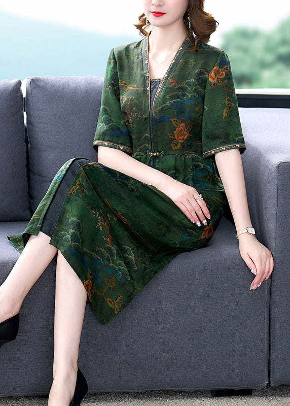 Classy Green V Neck Print Wrinkled Patchwork Silk Dresses Summer