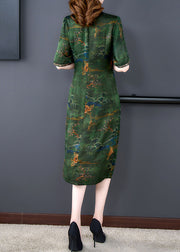 Classy Green V Neck Print Wrinkled Patchwork Silk Dresses Summer