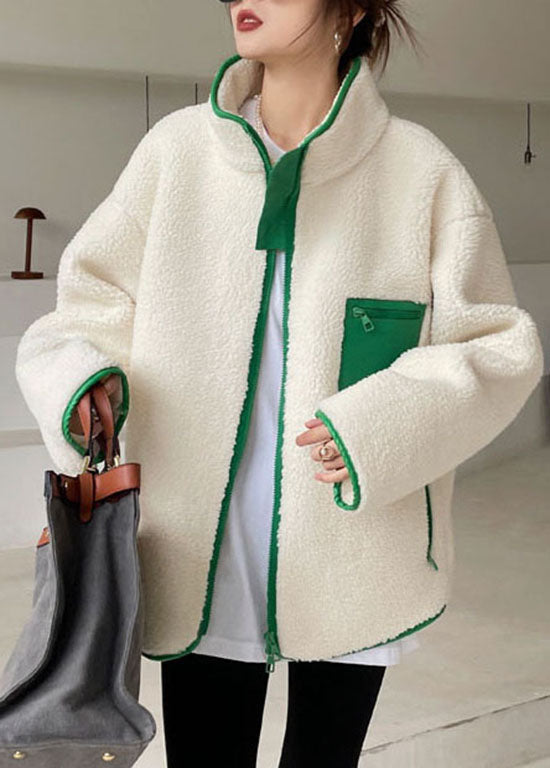 Classy Green Zip Up Patchwork Faux Fur Winter Coat