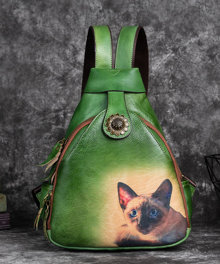 Eleganter grüner Rucksack aus Kalbsleder mit Kätzchen-Print
