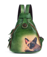 Eleganter grüner Rucksack aus Kalbsleder mit Kätzchen-Print