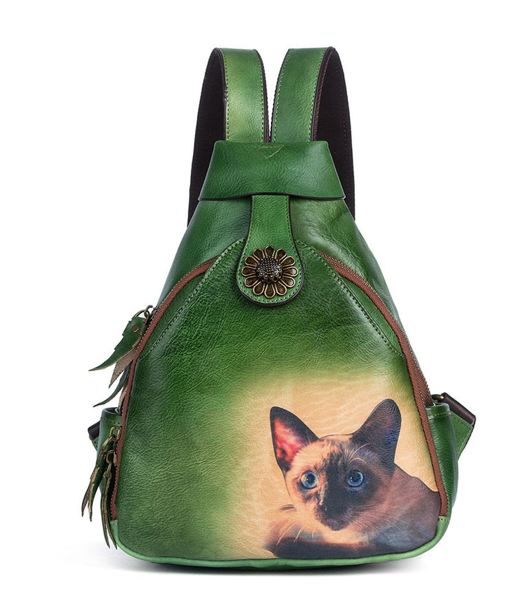 Classy Green kitten Print Calf Leather Backpack Bag