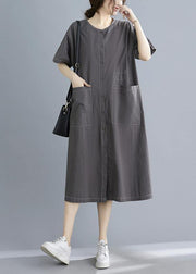 Classy Grey Button Cotton O-Neck Summer Maxi Dresses - SooLinen