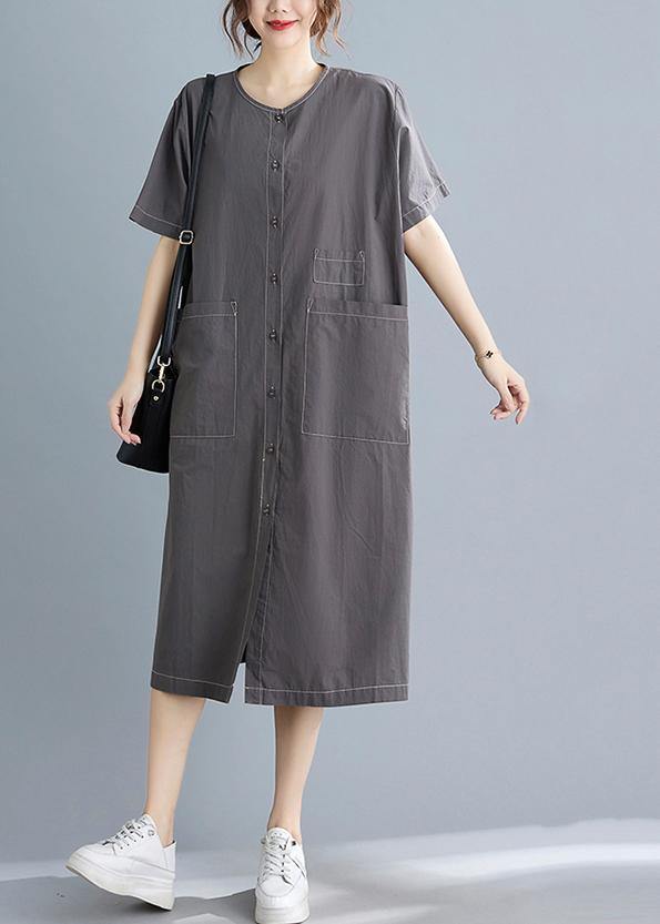 Classy Grey Button Cotton O-Neck Summer Maxi Dresses - SooLinen