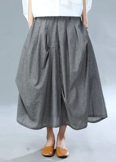 Classy Grey Cinched Wrinkled Pockets Fall Striped Skirt - SooLinen