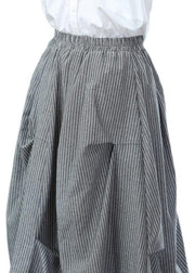 Classy Grey Cinched Wrinkled Pockets Fall Striped Skirt - SooLinen