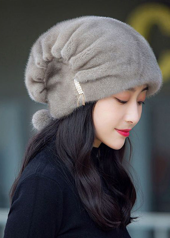 Classy Grey Mink Hair Knitted Bonnie Hat