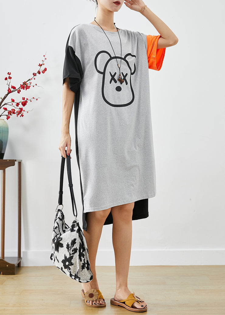 Classy Grey Oversized Patchwork Bear Print Cotton Maxi Dress Summer