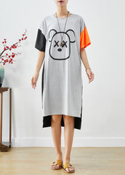 Classy Grey Oversized Patchwork Bear Print Cotton Maxi Dress Summer