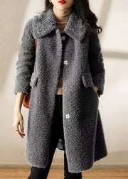Classy Grey Peter Pan Collar Pockets Patchwork Wool Trench Winter