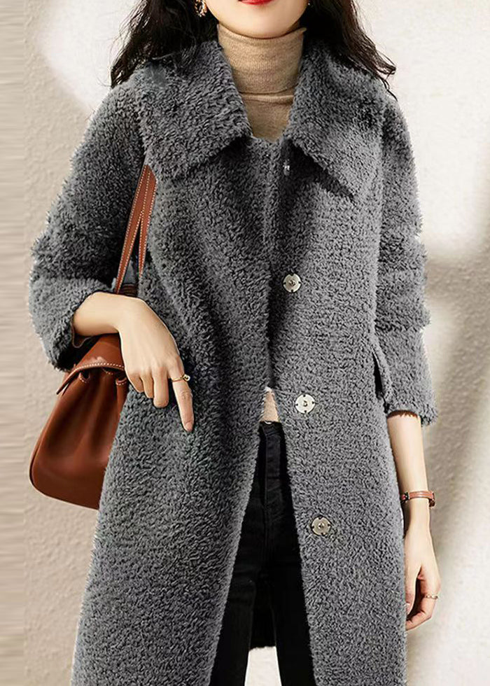Classy Grey Peter Pan Collar Pockets Patchwork Wool Trench Winter