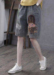 Classy Grey Print Embroidered Elastic Waist Straight Shorts Summer