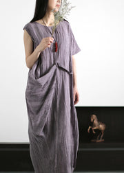 Classy Grey Purple Wrinkled Tie Waist Asymmetrical Linen Dress Summer
