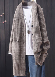 Classy Grey V Neck Pockets Warm Knit Long Cardigan Winter