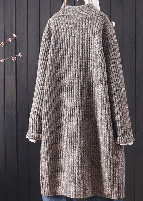 Classy Grey V Neck Pockets Warm Knit Long Cardigan Winter