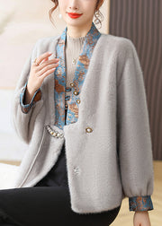 Classy Grey V Neck Tasseled Patchwork Mink Hair Coats Fall
